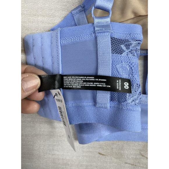 Torrid Bra Panty Set 00 L Blue Retro Ribbon Cutout Serenity Underwire Strap NWT - Picture 12 of 14